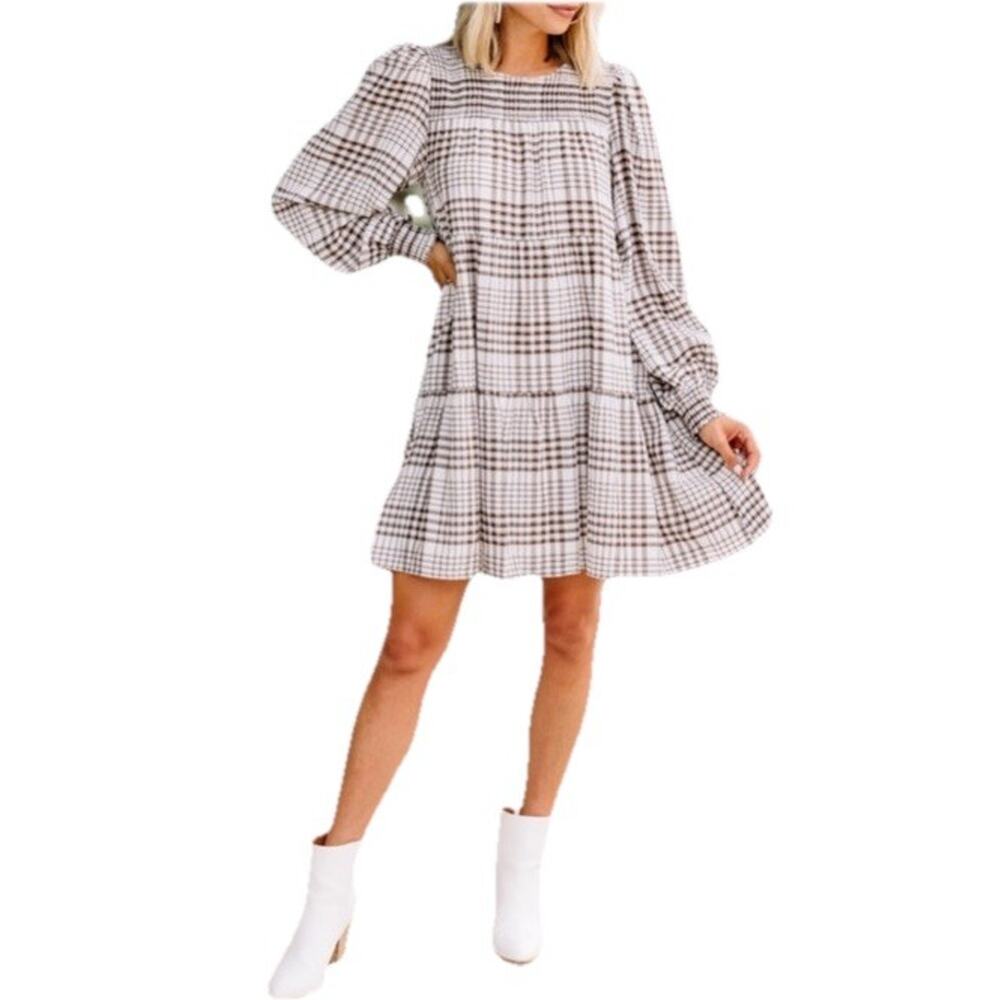 By The River Brown and White Plaid Babydoll Dress Size L